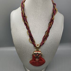 Exotic Boho Braided Ruby Purple Gold Rhinestone Statement Necklace Crackle Laque